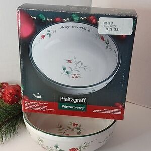 Pfaltzgraff Winterberry "Merry Everything" Candy Serving Bowl Christmas w/ Box